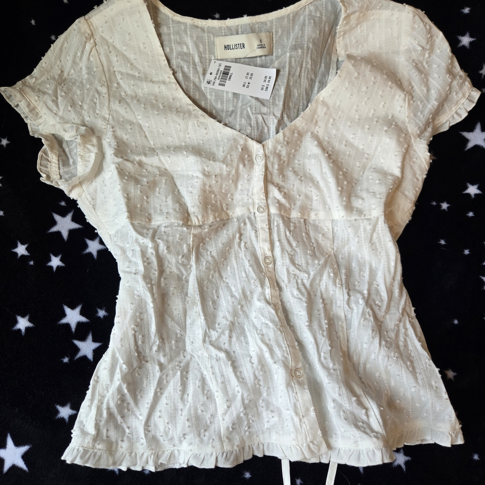 Hollister Ivory Dot-Textured Button Front Peplum Top